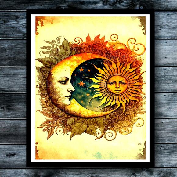 Handmade Other - Celestial Moon Star Sun Sky Retro Vintage Style Art Print